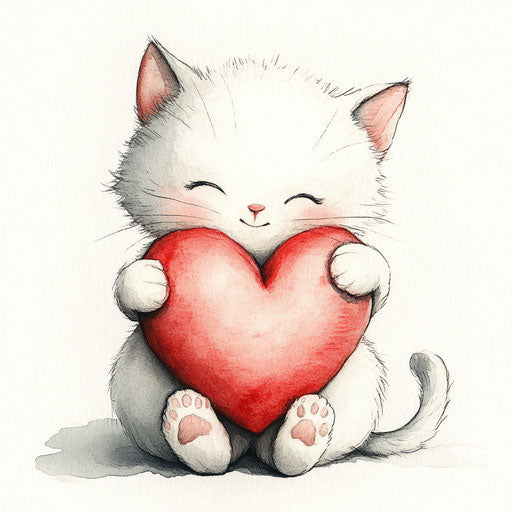 Cute Valentine: white kitten smiling holding a red heart