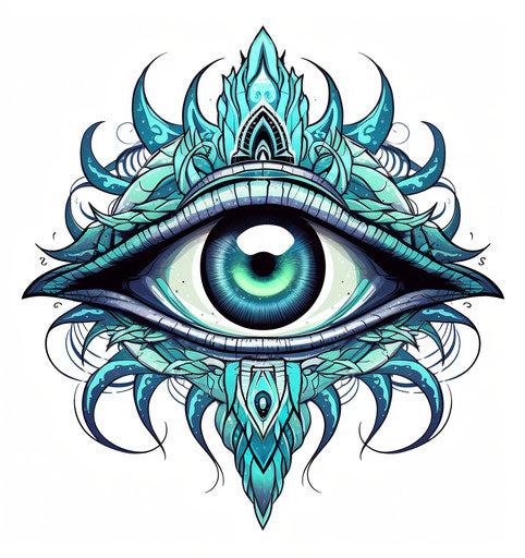 The eye of God in the lotus on a white background, turquoise and navy style, gothic art, security camera