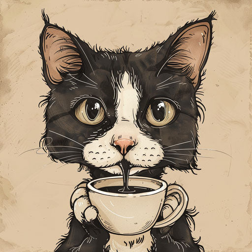 Whimsical tattoo sketch of a cat drinking coffee
