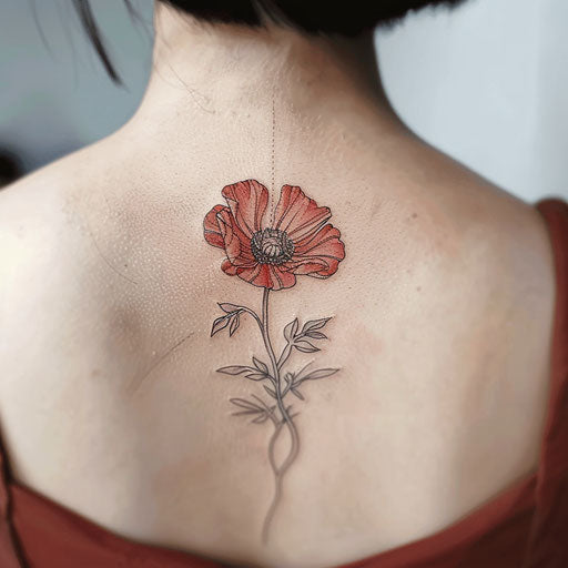 Bold and graphic poppy tattoo design, utilizing stark contrasts and simple colors, showcased on a white canvas for impact.