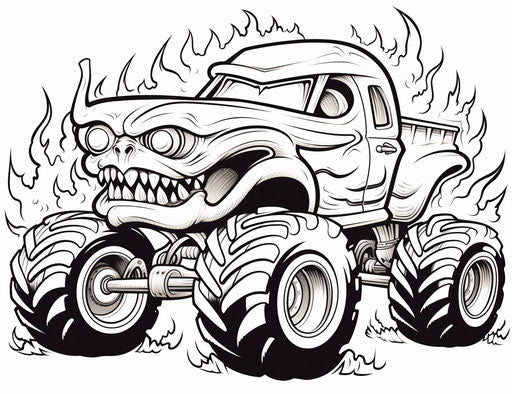 Cartoon monster trucks coloring page