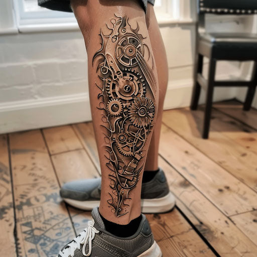 Leg tattoos for women in the style of Adrian Smith featuring mechanical gears