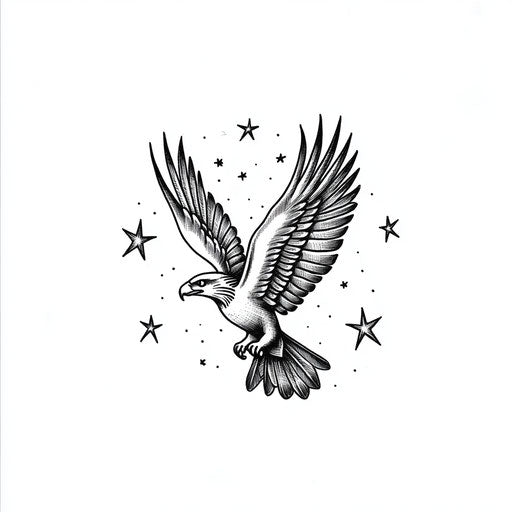 Cool flat tattoo sketch with small eagle and stars in grayscale