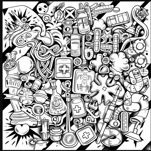 Complex artistic illustration of medical symbols and equipment. Coloring page