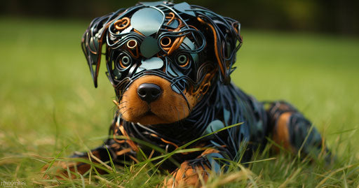 Rottweiler puppy sitting in grass near metal