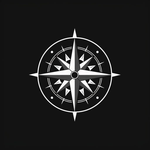 Black and white compass icon, Phoenician art style, rtx on