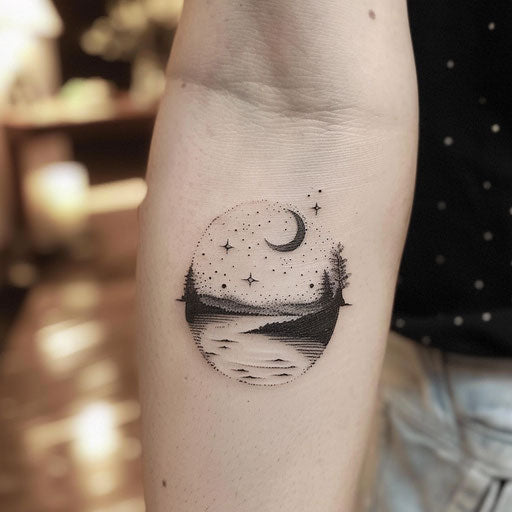 Gentle starry night: peaceful flat tattoo sketch