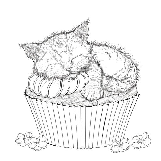 A cupcake with a cute sleeping cat on top