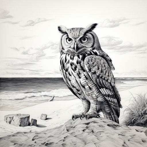 Owl on the Beach: Realistic Ink Drawing