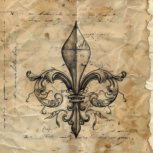 Historical tattoo sketch of a lily in an ancient manuscript style with faded calligraphy