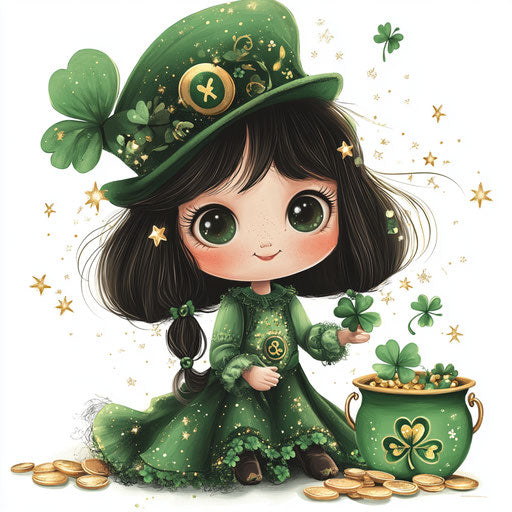 Cute girl in green with clover and four-leaf clover