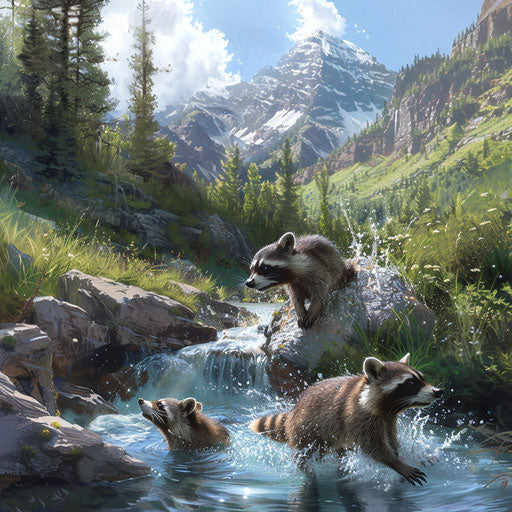 A family of raccoons playing in a crystal-clear mountain stream