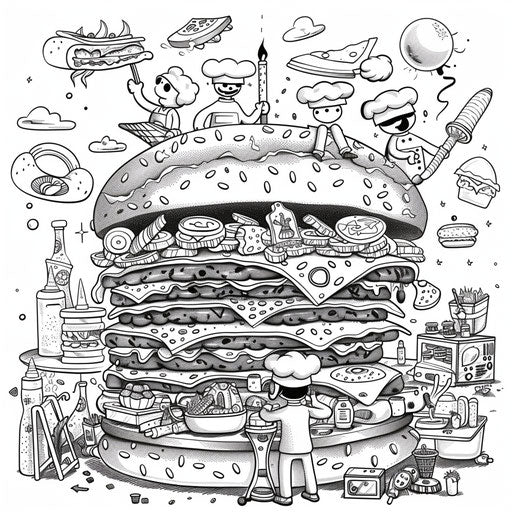 Playful scene of a burger being assembled by tiny chefs. Coloring book page