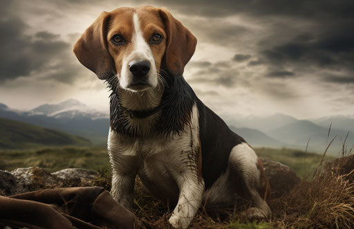 The beagle in the field, in the style of intriguingly taboo, accurate and detailed, anglocore, modern and sleek 17:11