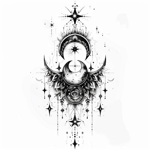 Artistic flat tattoo sketch for a Sak Yant tattoo with a celestial theme, stars and moons in clipart style