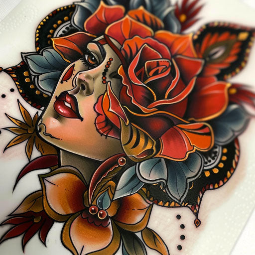 Bold flat tattoo sketch of a gypsy rose