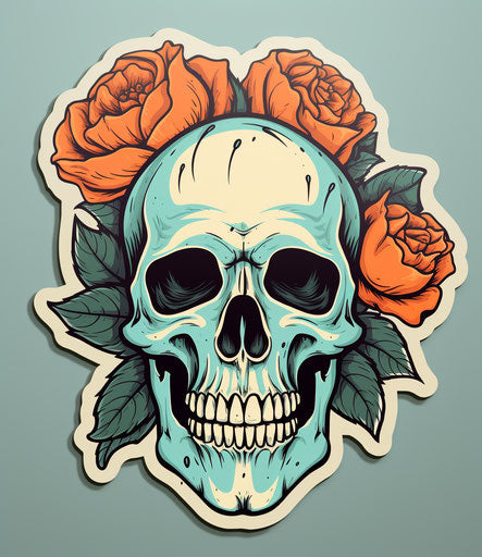 Skull with orange rose in front of it, light beige and teal style, feminine sticker art