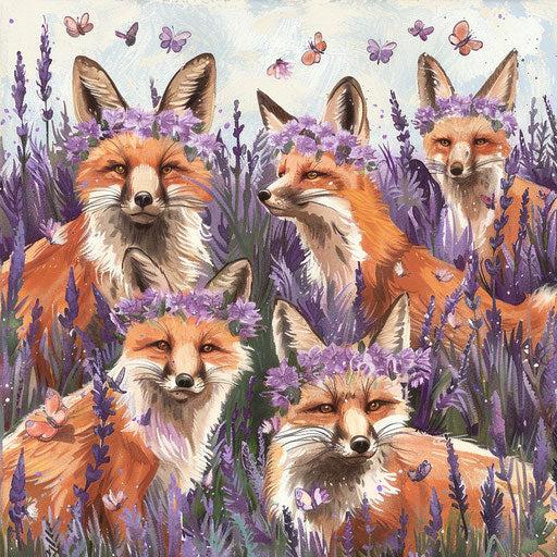 Floral foxes frolicking in lavender meadow
