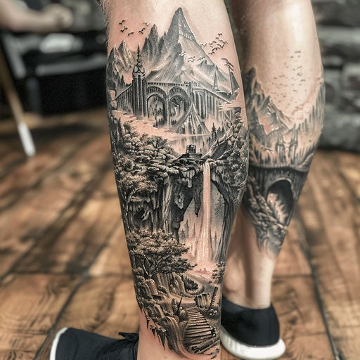 Epic mythological journey for men in a Peter Jackson-style leg tattoo