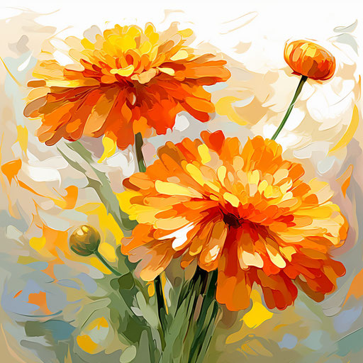 Marigold clipart in the style of Impressionistic Art, on white background