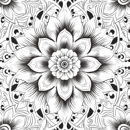 Black and white mandala tattoo design seamless pattern, mughal painting style