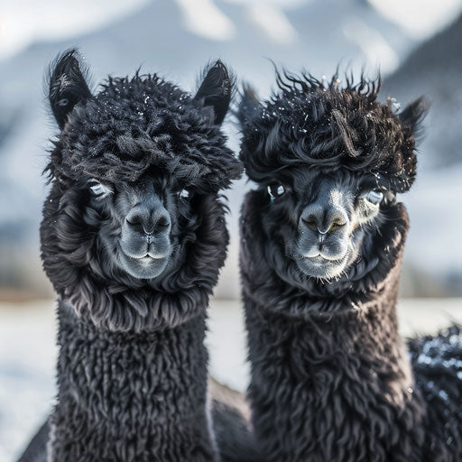 Black Alpacas with Edgar haircuts in snowy Andes mountain
