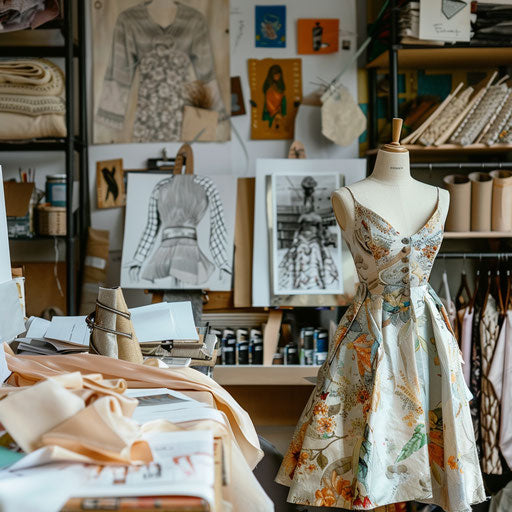 Fashion designer in a studio with fabrics and sketches