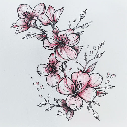 Flat tattoo sketch of sakura blossoms with a vintage, hand-drawn look