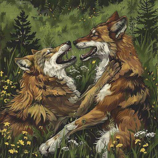 Wolves playing in a lush meadow