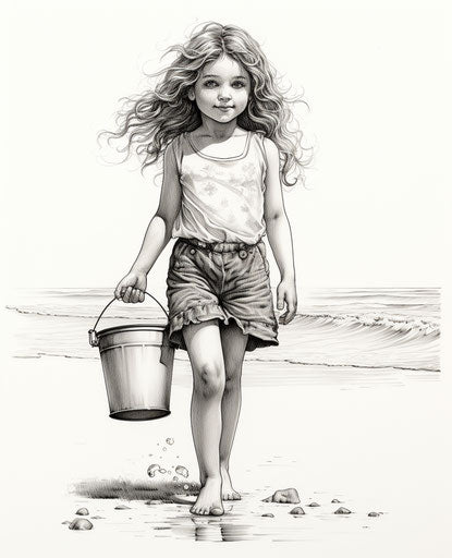 Girl with toy and bucket on the beach, meticulous ink style