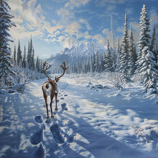 Woodland caribou leaving tracks in fresh snow