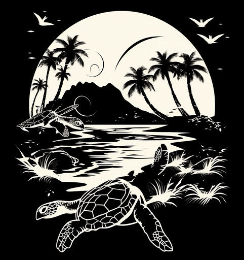 Turtle silhouette sea turtles or sea turtles, dolphins and egrets, black and white graphic 15:16