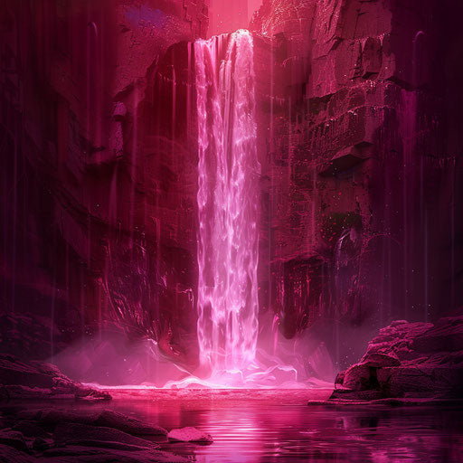 Realistic waterfall on burgundy background, luminous effect