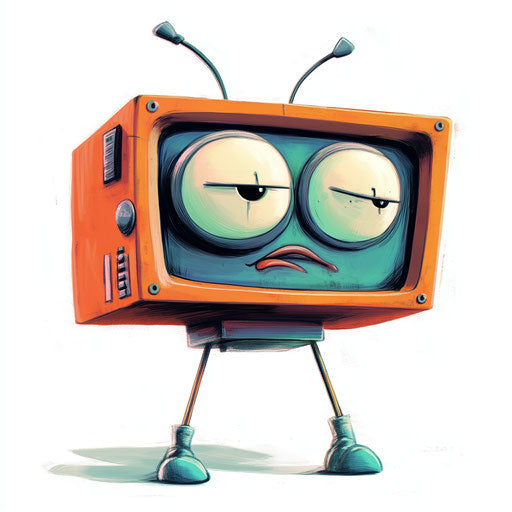 Humorous caricature of a television clipart with human characteristics, exaggerated raised eyebrows, thin legs, pastel shades, vibrant colors, cartoon style, winking, high resolution, no background, isolated