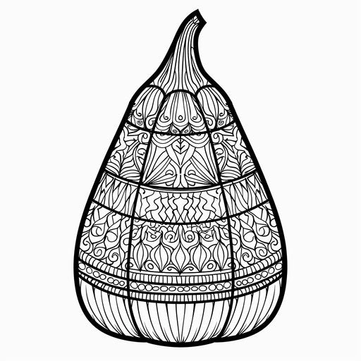 Intricately patterned candy corn. Coloring book page