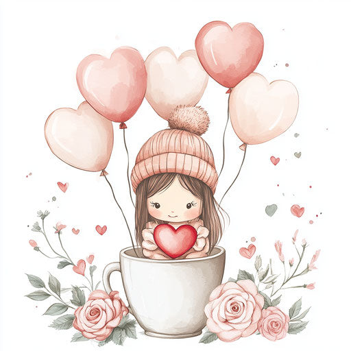 Adorable girl sitting in a coffee cup, holding heart balloons
