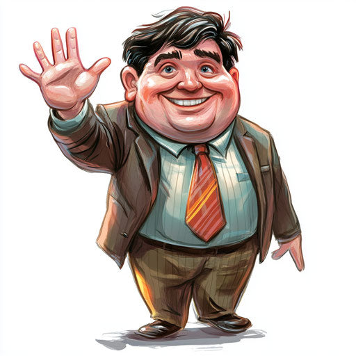 Humorous caricature of a Michael Collins image with human traits, exaggerated chubby cheeks, large hands, pastel tones, bright colors, cartoon style, waving, high-resolution, no background, isolated -c 40