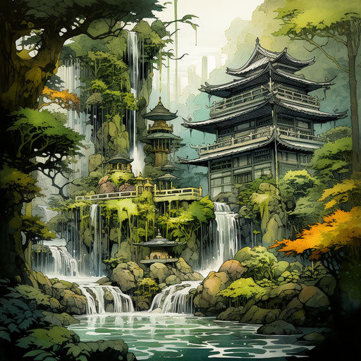 Japanese stone house with waterfall and exotic garden