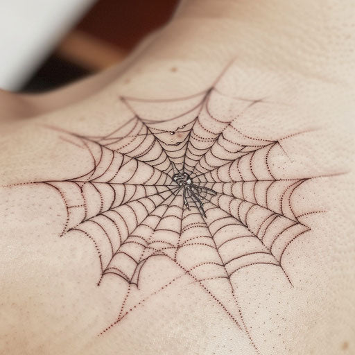 Symmetrical spider web tattoo with dewdrop effect