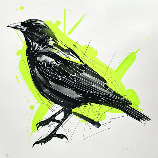 Bold and graphic tattoo sketch of a blackbird, clipart flat style with stark contrast and a pop of neon green
