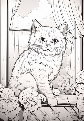 Kitten sitting on a window, comic art style