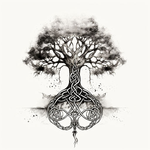 Black and white celtic tattoo design with Thor symbol and tree