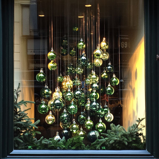 Charming shop window display with green Christmas bulbs cascade