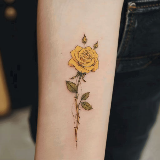 Elegant flat tattoo sketch of a yellow rose with fine line art and subtle shading