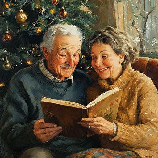 Reading a Christmas card by the tree