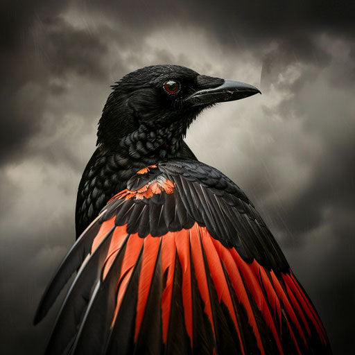 Black bird with red wings in stormy sky