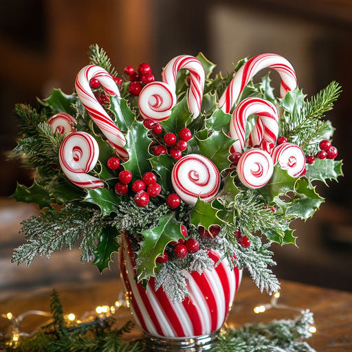 Festive candy cane bouquet in a holiday vase