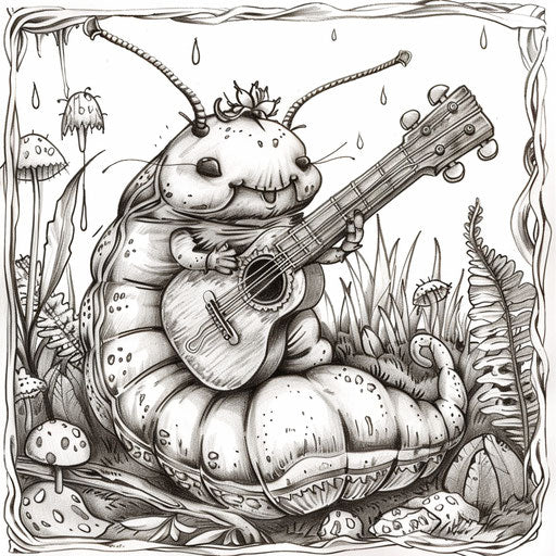 Whimsical caterpillar playing a tiny guitar