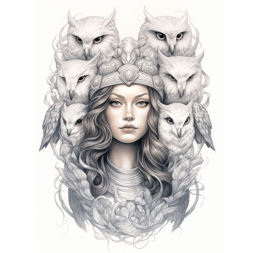 Owls on the girl's neck, black and white watercolor drawing