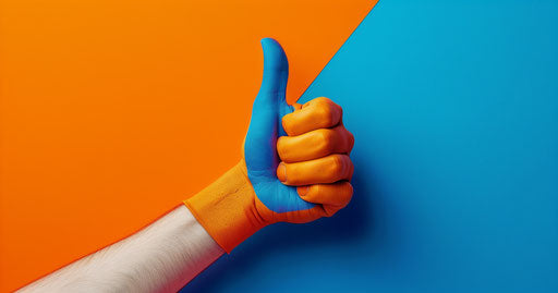 Thumbs up icon in light orange and dark blue style